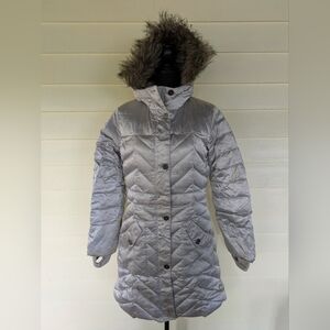 Land's End Big Kids Silver Long Down Coat With Faux Fur Trimmed Hood Size XL 16